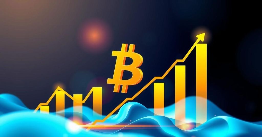 A vibrant digital art piece showing a graphical representation of Bitcoin's growth, using bright blue and gold tones.