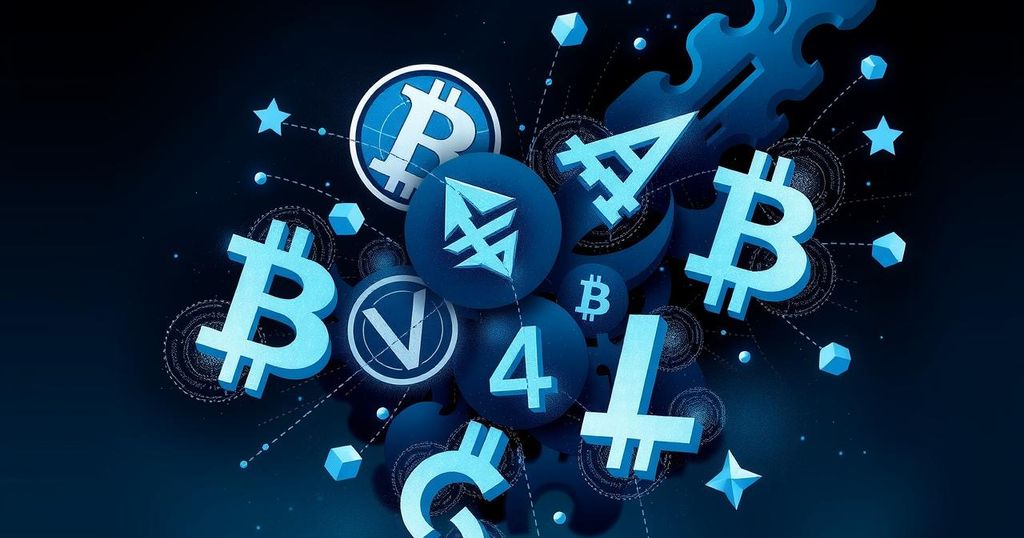 A stylised digital art piece featuring abstract representations of cryptocurrency symbols amidst chaotic elements, rich in dark tones.