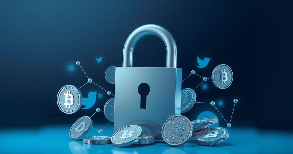 A digital illustration depicting a stylised padlock overlaying various cryptocurrency symbols in muted tones of blue and grey.
