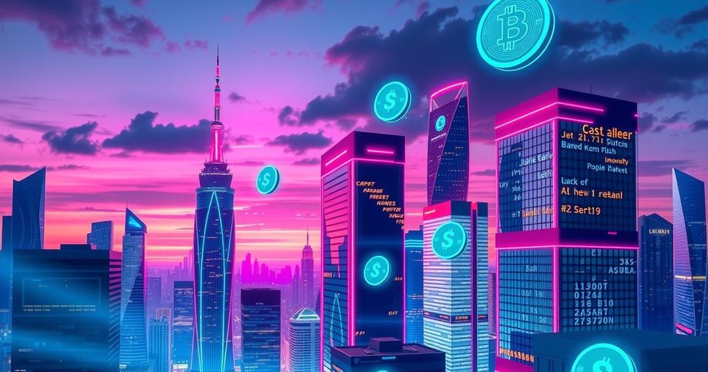 A futuristic city skyline with digital currency symbols hovering, showcasing innovation in financial markets.
