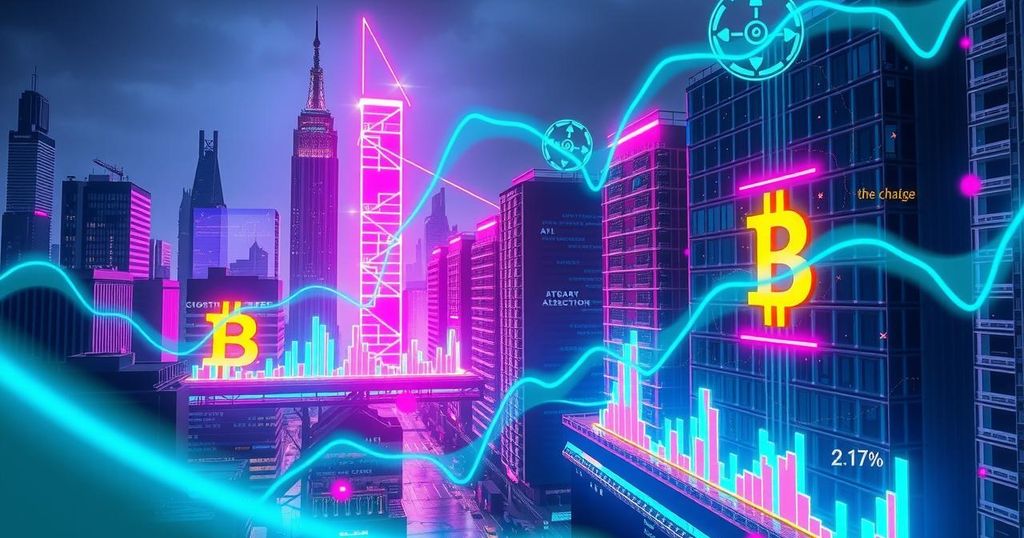 Futuristic digital illustration of Bitcoin price predictions with AI chatbots and bullish cryptocurrency trends.