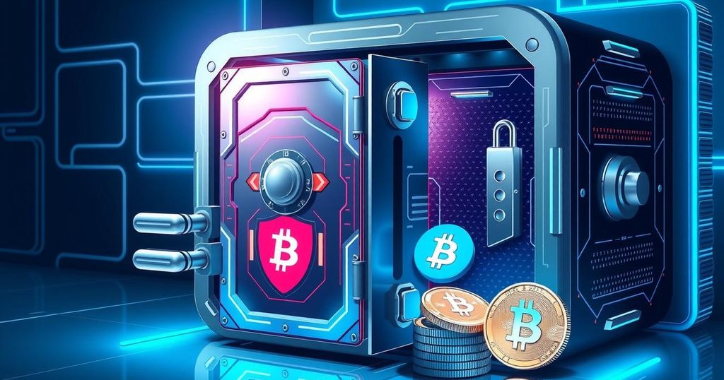 A digital representation of a stablecoin bank concept, featuring a modern vault and cryptocurrency symbols in blue tones.