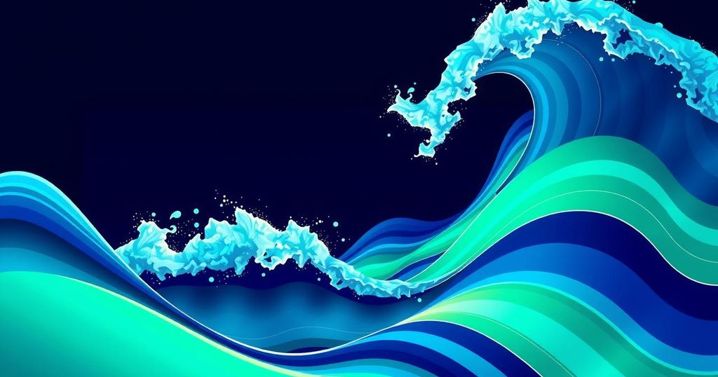 A digital representation of Bitcoin rising in value with a bright, dynamic graph and wave patterns.