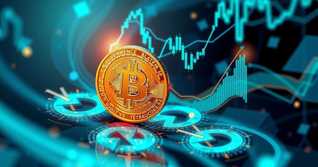 A vibrant depiction of Bitcoin as a digital gold, set against a backdrop of abstract financial graphs and technology motifs.