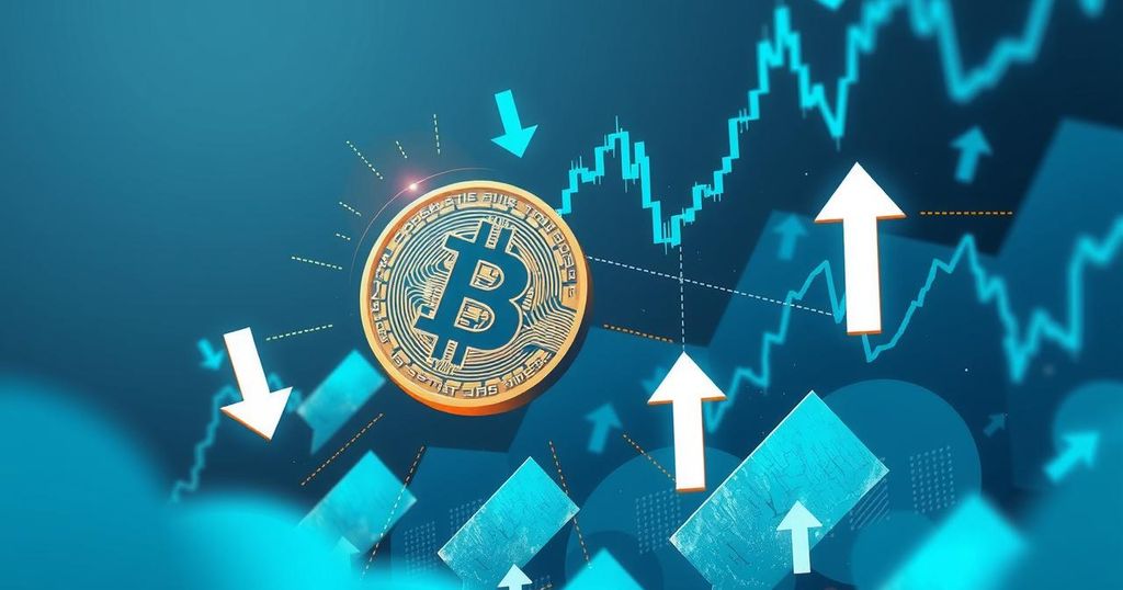 A digital representation of a fluctuating cryptocurrency market with Bitcoin symbol and downward arrows in a blue and grey colour scheme.