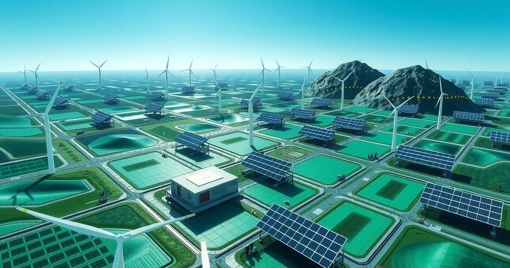 A digital landscape showcasing vibrant green mining farms powered by renewable energy under a bright blue sky.
