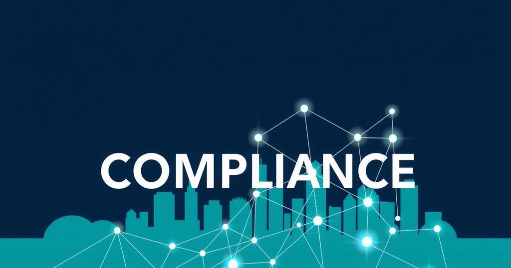 Abstract representation of crypto compliance with connected nodes and a city skyline, in a modern minimalist style.