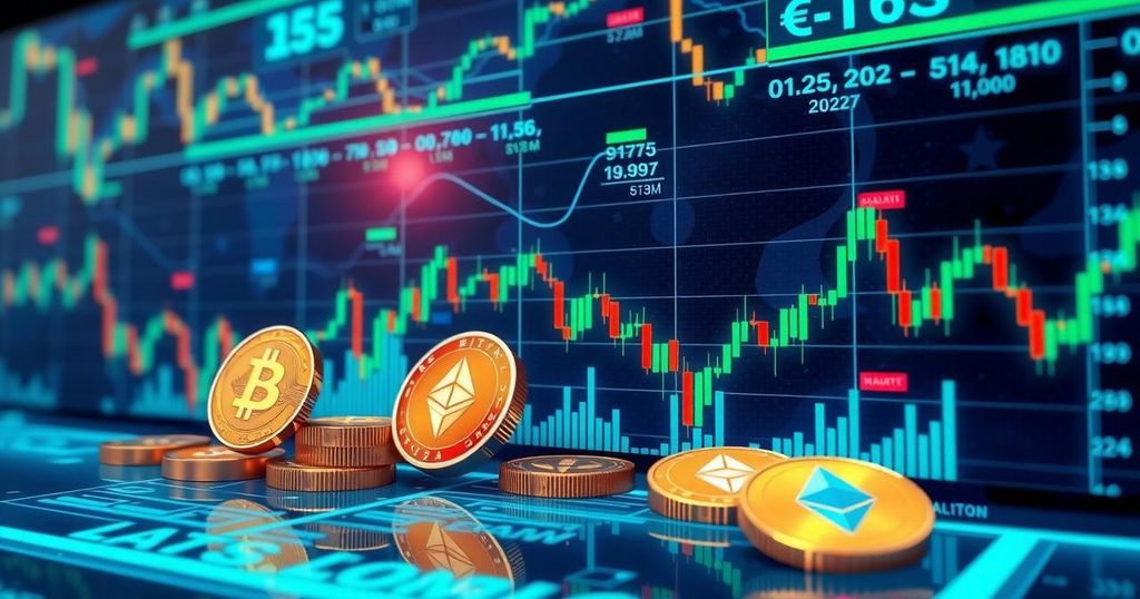 A vibrant digital display showcasing various cryptocurrencies with price movements, set against a dynamic backdrop.
