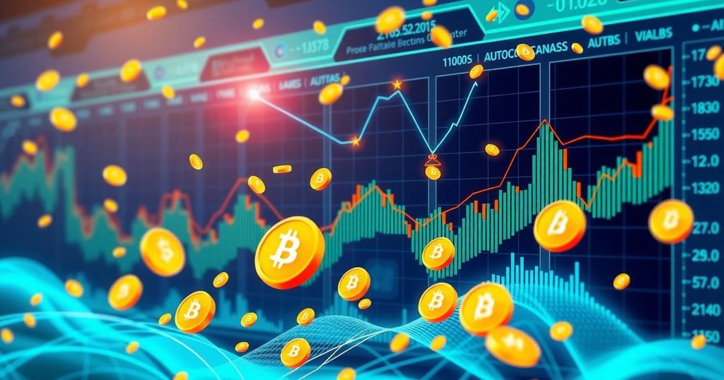 A vibrant digital illustration depicting a futuristic cryptocurrency exchange platform with dynamic charts and airdrop symbols.