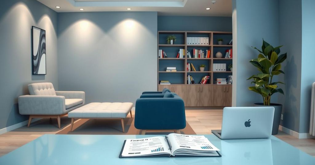 A calm financial advisor's office with elegant furniture, soft lighting and a modern, organised workspace for consultations.