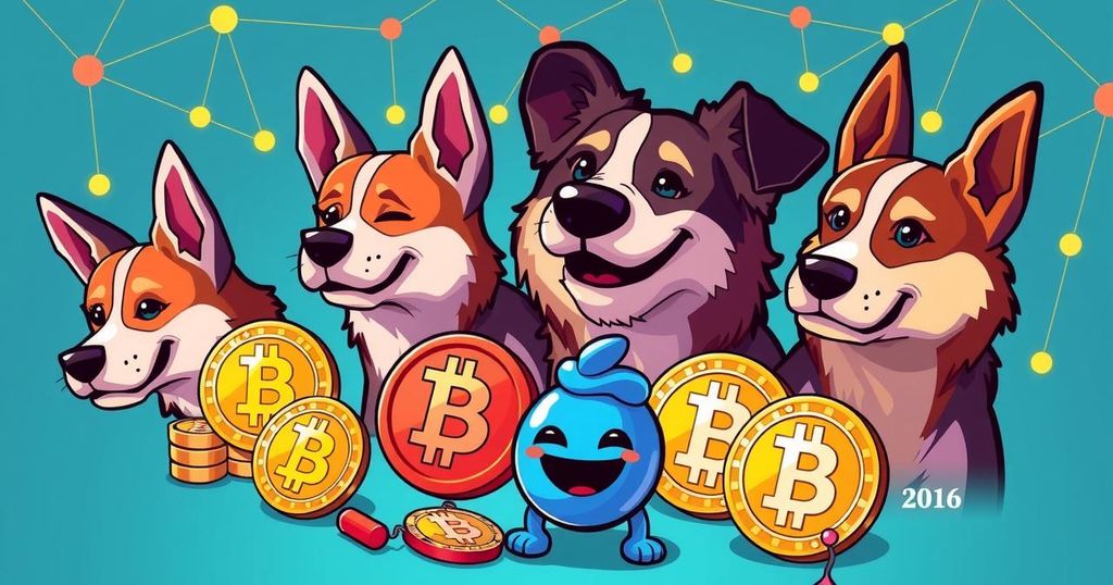 Vibrant illustration of cryptocurrency symbols with a focus on meme coins and blockchain innovation, featuring bright colours.