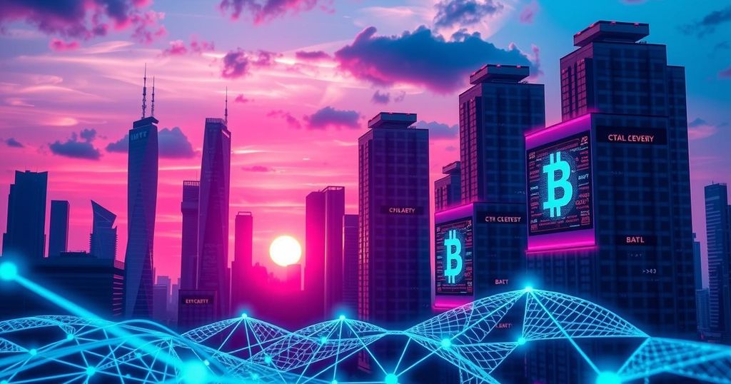 A futuristic city skyline representing cryptocurrency recovery and innovation, with digital elements and vibrant colors.