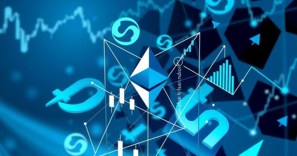 A digital representation of Ethereum's market dynamics, featuring abstract financial symbols and market trends in a blue palette.
