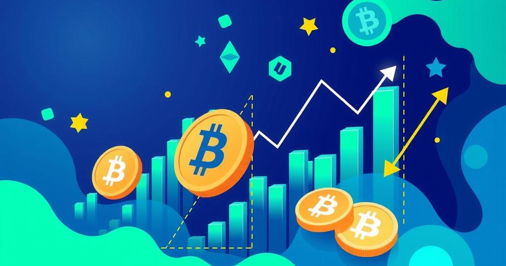 Digital currency trends with crypto graphs, Bitcoin symbols, and dynamic trading charts in vibrant colours.