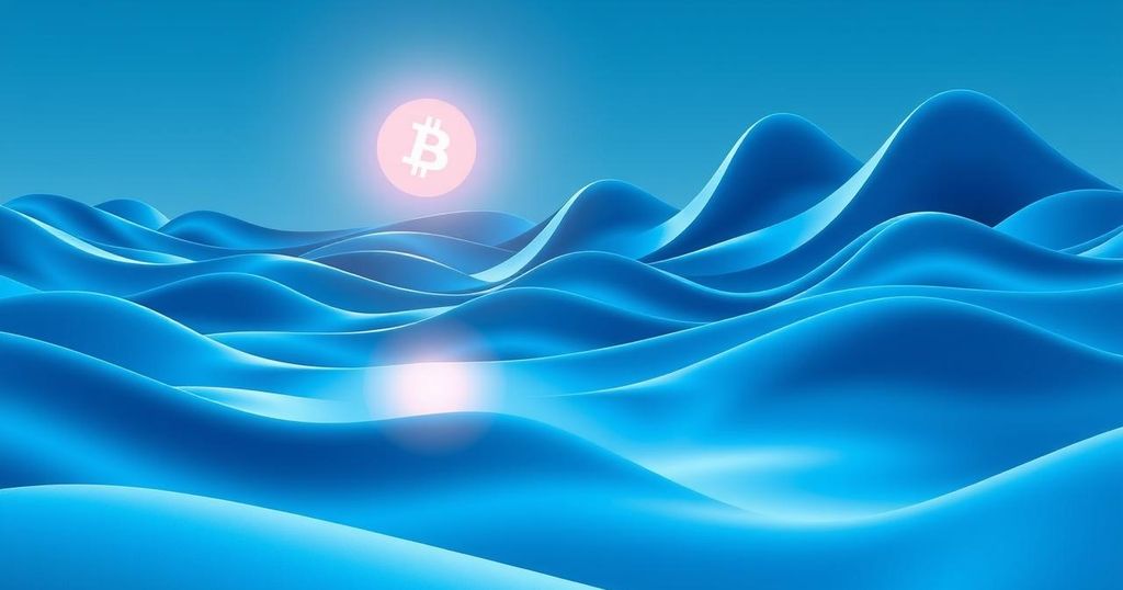 A digital art piece illustrating Bitcoin's stability with a calm landscape, cool blue tones, and subtle dynamic lines.