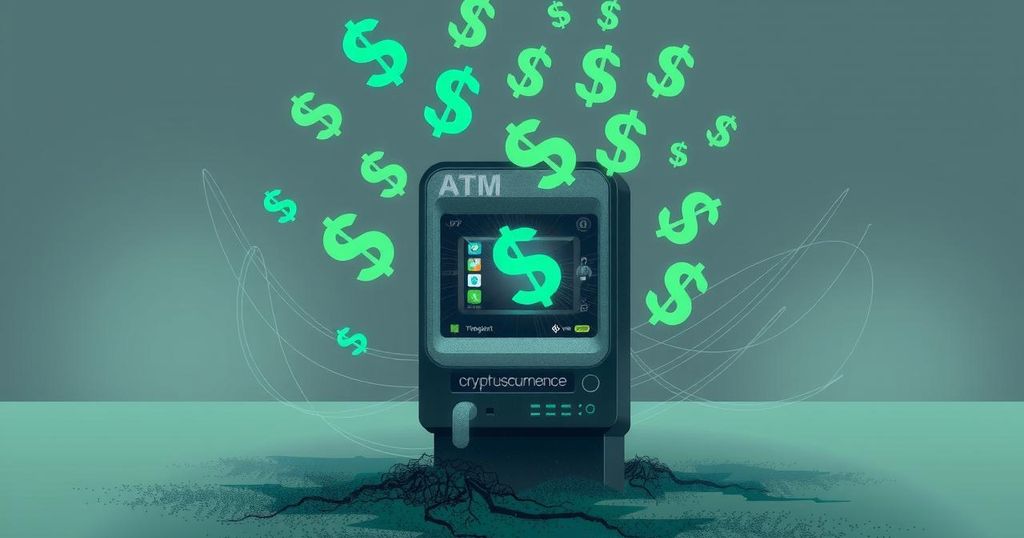 An abstract depiction of a crypto ATM surrounded by swirling dollar signs symbolising financial loss from scams.