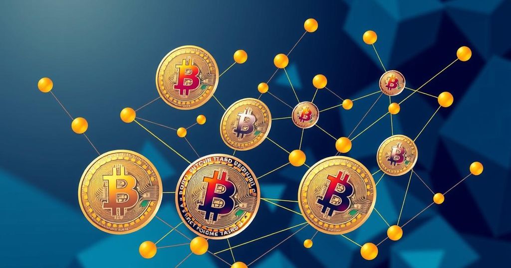 A digital abstraction of cryptocurrency management with Bitcoin coins and blockchain elements in blue and gold hues.