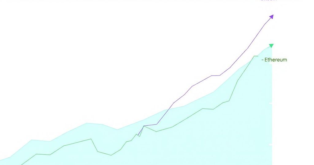 Graph depicting bullish cryptocurrency trends with price levels for Bitcoin, Ethereum, and Ripple.