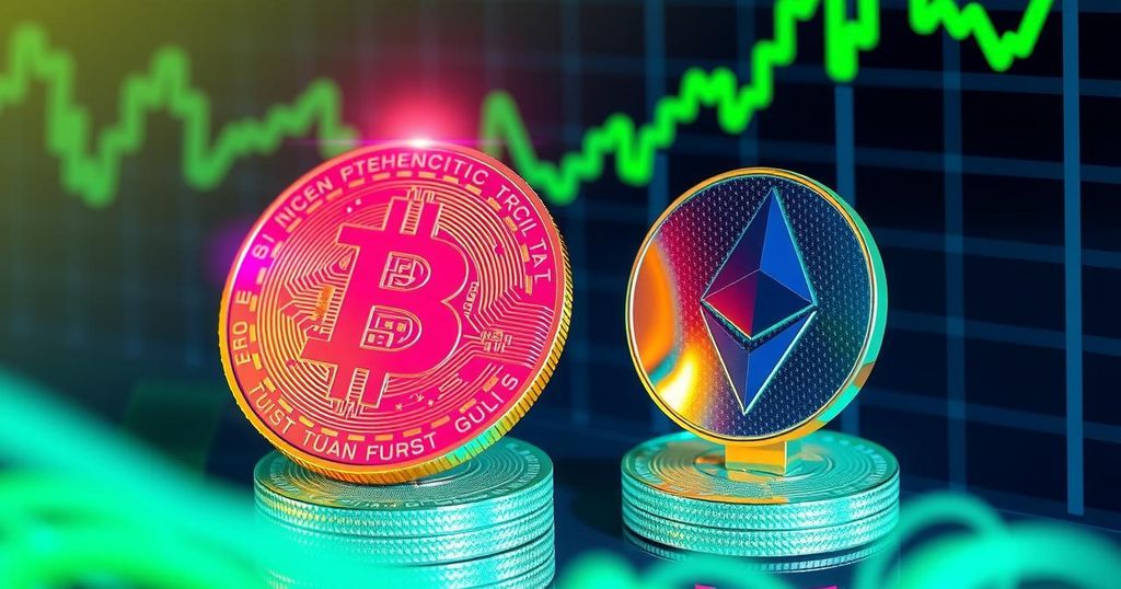 A vibrant illustration showcasing symbols of Bitcoin and Ethereum with upward trends, reflecting market recovery.