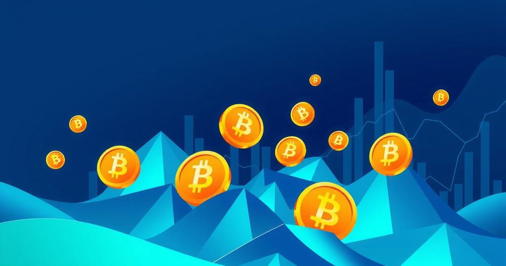 A digital representation of cryptocurrency trends featuring growing Bitcoin symbols and abstract financial charts in blue and green.