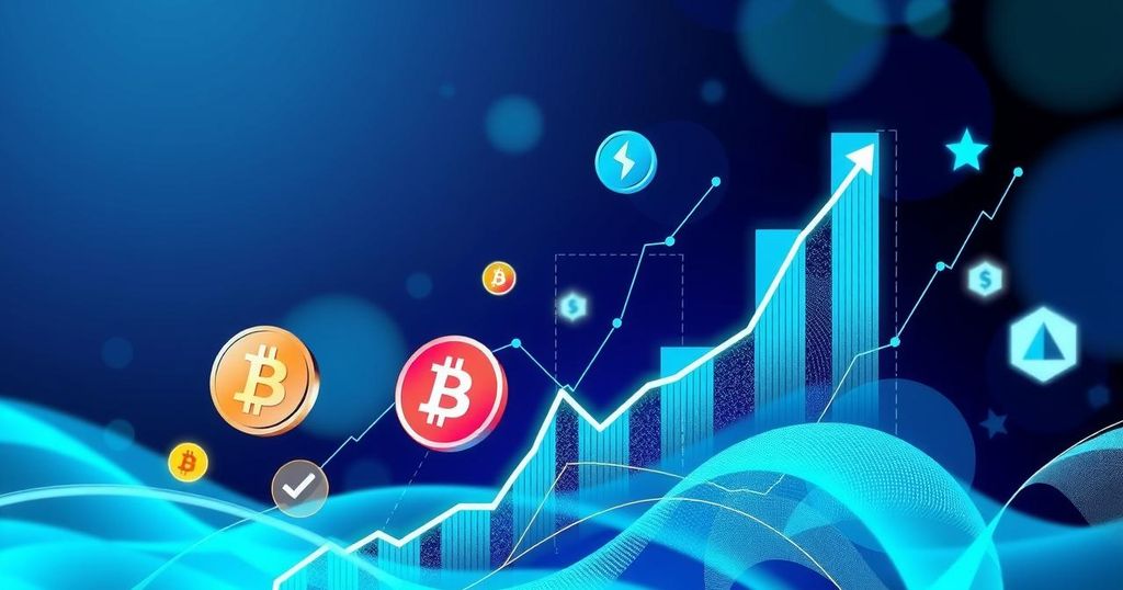 A digital illustration symbolizing Ethereum and Ozak AI cryptocurrencies with abstract financial graphs and vibrant colours.