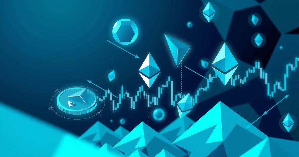 A conceptual representation of Ethereum trading dynamics with abstract symbols for contracts, liquidity, and market fluctuations.