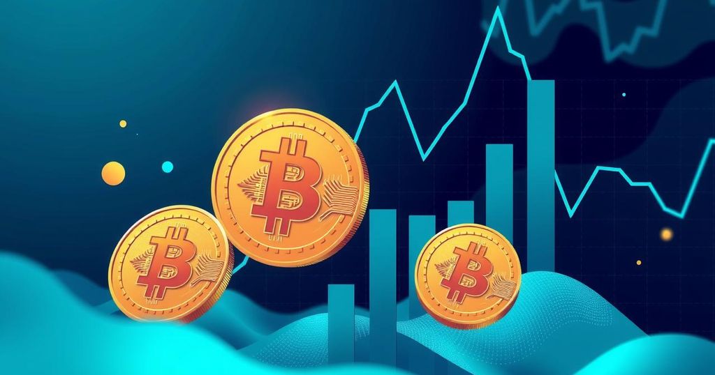 A digital illustration of Bitcoin symbols on a fluctuating price chart showcasing market cycles and trends.