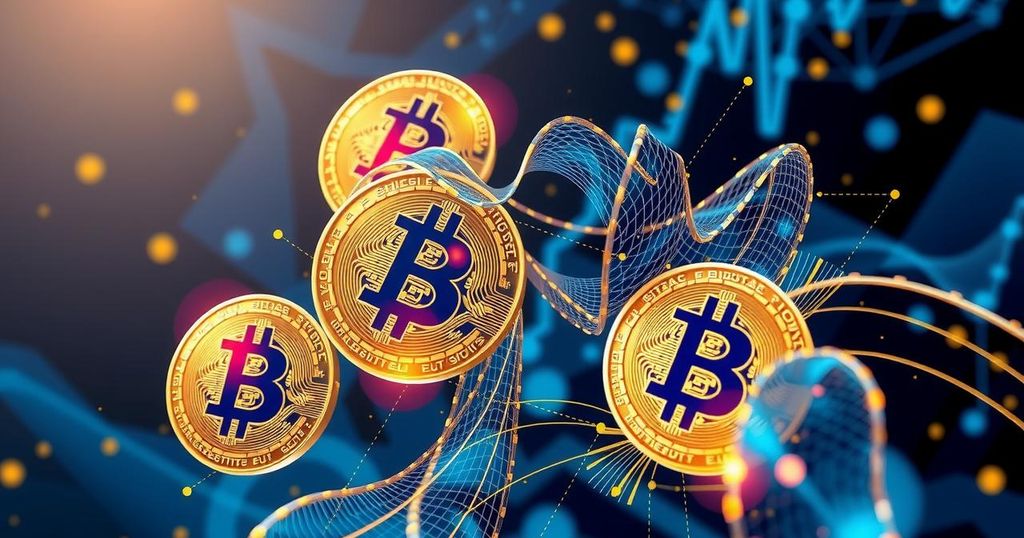Abstract rendering of Bitcoin symbols and corporate elements, with a contrasting cool and warm colour palette.