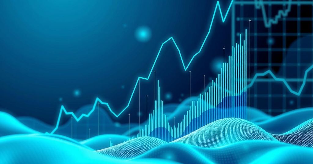 A digital landscape representing cryptocurrency growth with rising graphs under a blue and green colour scheme.