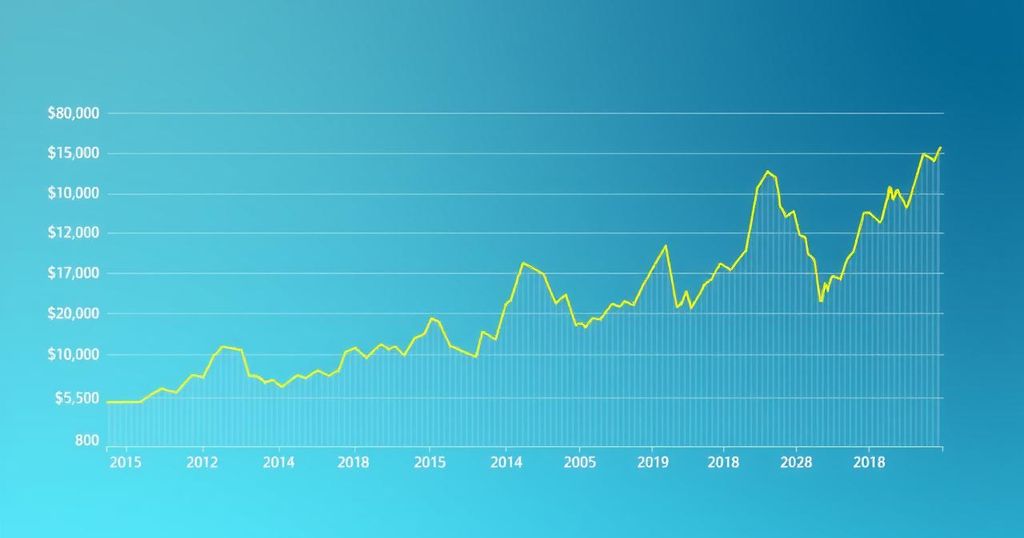 A dynamic chart illustrating the fluctuation of Ethereum prices with vibrant colour shades.