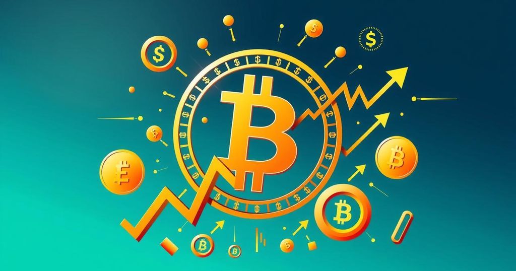 A Bitcoin logo surrounded by financial symbols on a gold background, representing the cryptocurrency's rise and financial impact.