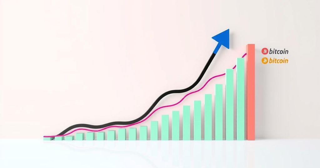 A chart illustrating Bitcoin's price trend with green and red histogram bars, arrows indicating upward movement, and a magenta line signaling historical patterns.