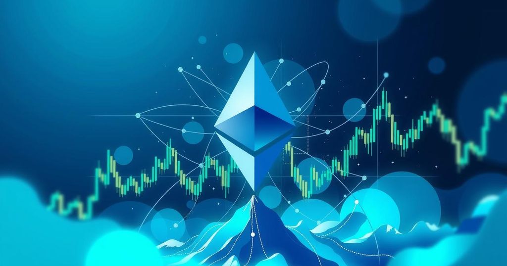 Abstract representation of Ethereum symbol in a crypto market context with blue and green hues, depicting volatility.