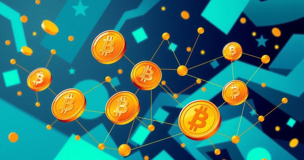 A modern abstract design showcasing cryptocurrency blockchain technology with vibrant colours and fluid shapes.
