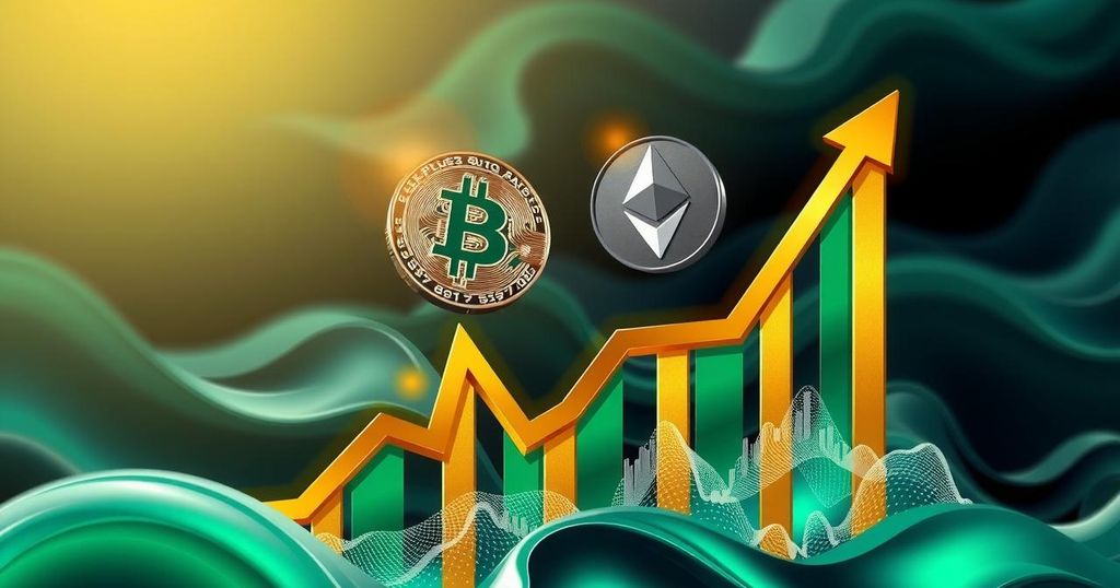 A graph showcasing rising cryptocurrency values with Bitcoin and Ethereum symbols against a dynamic background of green and gold hues.