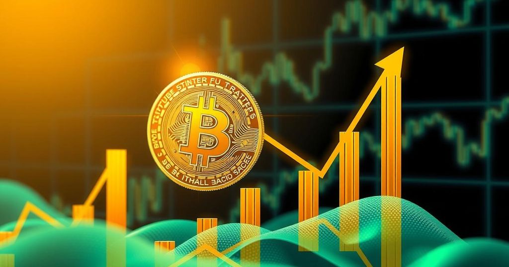 A digital representation of Bitcoin soaring, with an upward trend and vibrant gold and green colours in a modern style.