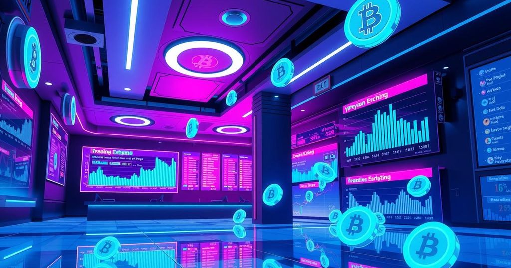 A digital illustration of a futuristic, vibrant cryptocurrency exchange, symbolising user engagement and market dominance.