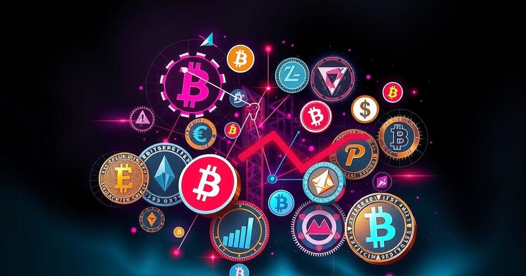A digital collage representing cryptocurrency challenges, featuring dark tones and abstract crypto symbols.