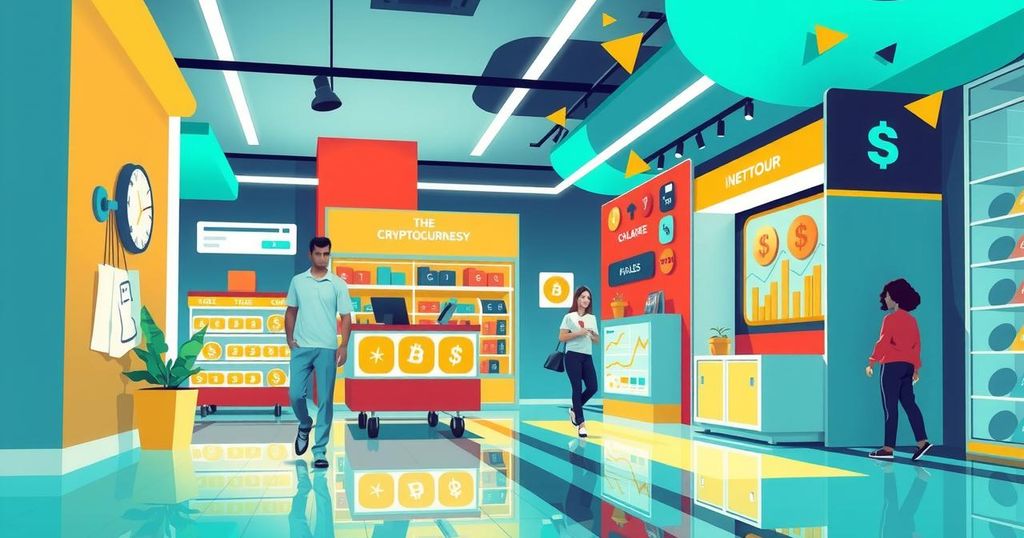 A vibrant representation of innovation in retail, featuring modern payment solutions and crypto themes in bold colours.