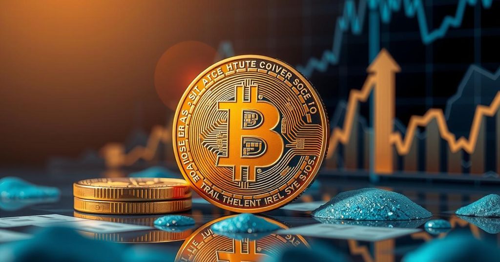 A golden Bitcoin against a backdrop of abstract financial graphs and upward trends, symbolising investment growth.