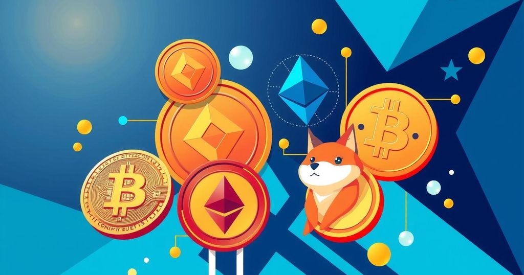 A visual representation of cryptocurrency trends, featuring symbols for Bitcoin, Ethereum, and Dogecoin in vibrant colours.