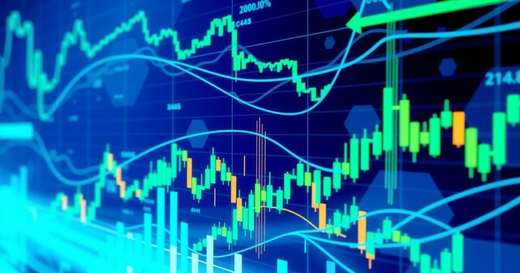 Graphical representation of a digital currency market trend, with vibrant colours indicating active trading.