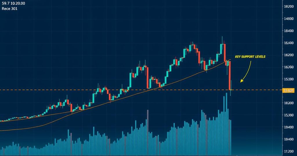 A detailed financial chart analysing Bitcoin's price trends and key support levels in a modern style.