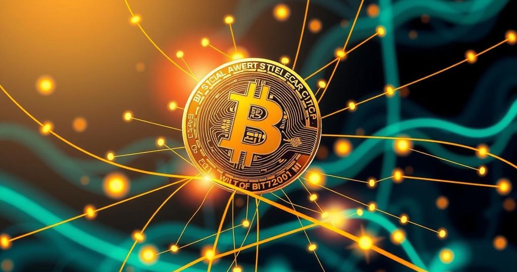 A vibrant Bitcoin logo with a digital network background highlighting its recent surge and social media chatter.
