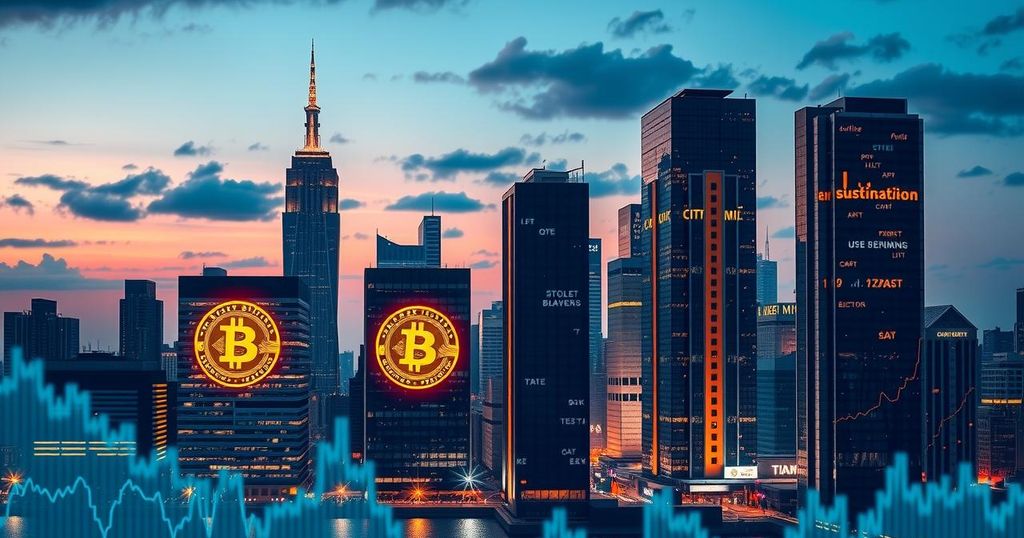 A futuristic city skyline with Bitcoin logos and digital graphs showcasing finance growth, in vibrant blues and golds.
