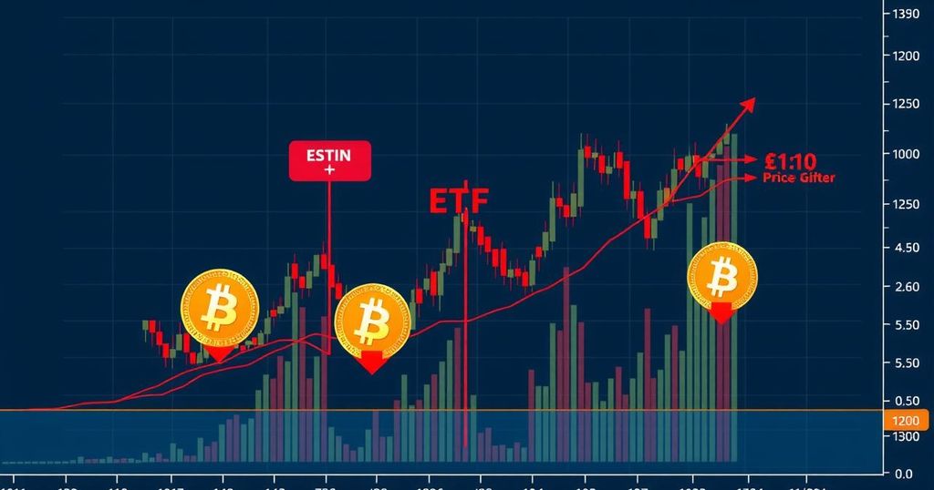 Bitcoin trading chart featuring high market values and ETF growth, set in vibrant tones, minimalist style.