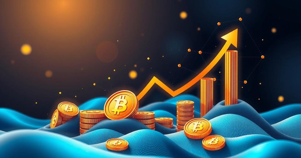 A vibrant digital representation of cryptocurrency growth with abstract coin graphics and upward financial trends in blue and gold.