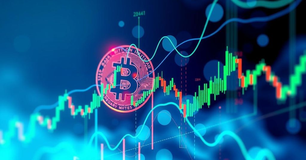 A digital art piece depicting a fluctuating Bitcoin graph with blue and green tones, abstract shapes reflecting finance.