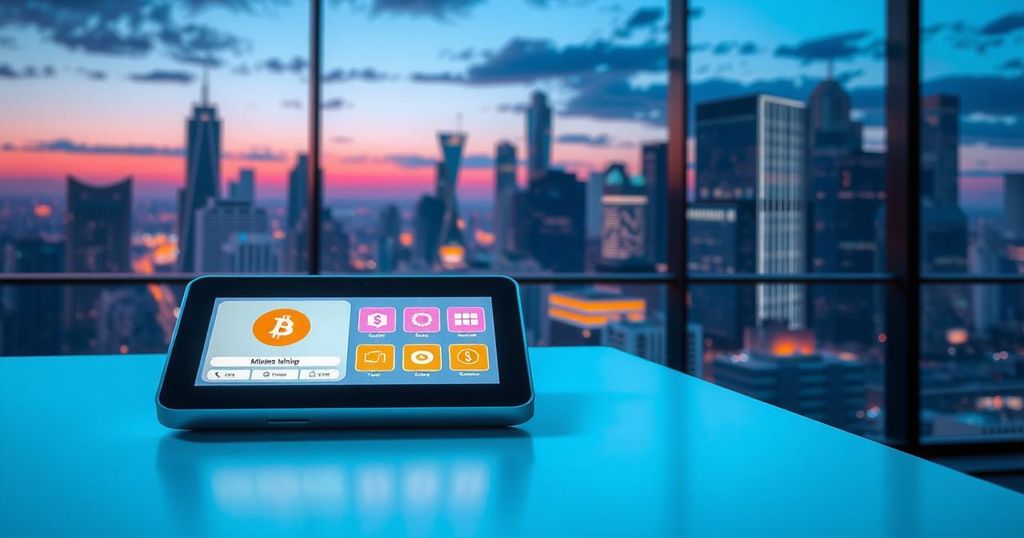 A digital device displaying a cryptocurrency mining app interface, set against a futuristic cityscape at dusk.