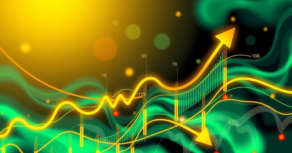 A dynamic abstract representation of cryptocurrency market trends with upward arrows and vibrant colour scheme.